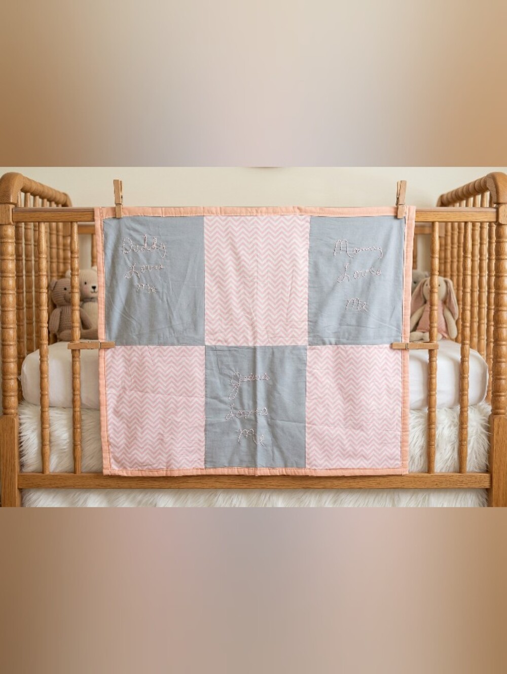 Pink & Gray Patchwork Baby Quilt - Soft Chevron Nursery Blanket